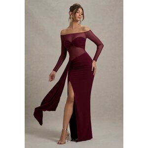 NWT CLUB L London Burgundy Mesh Bardot Long-Sleeve Draped Maxi Dress Size 4